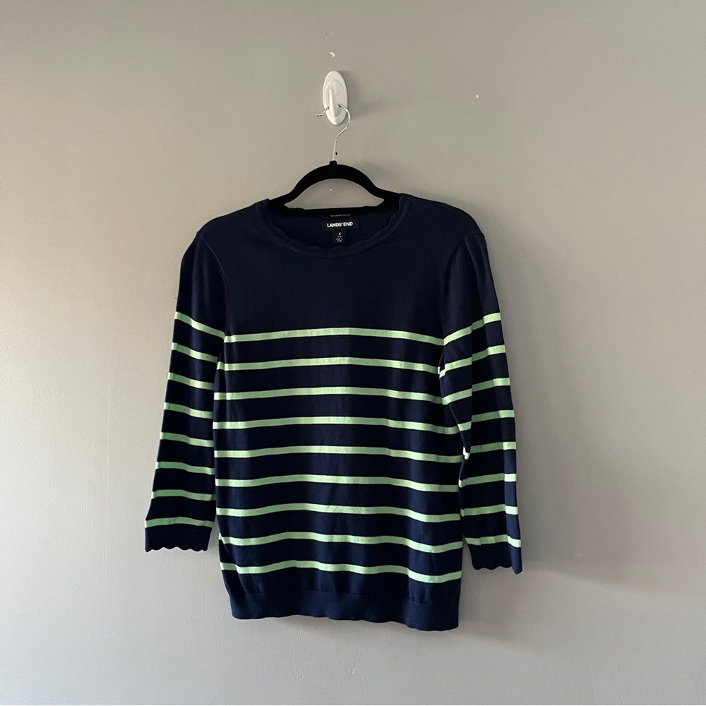 Lands End Blue Green Striped Sweater Cotton Size Small